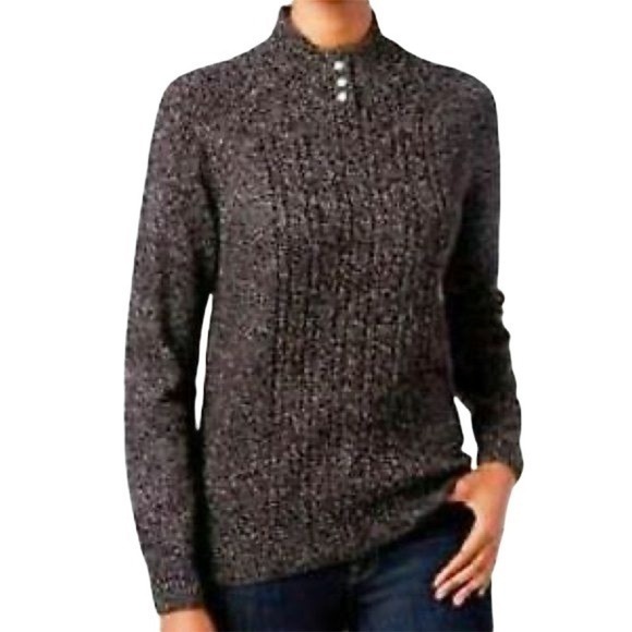 Karen Scott Petite Imitation-Pearl Button Sweater Black White Marl PS - Picture 1 of 1